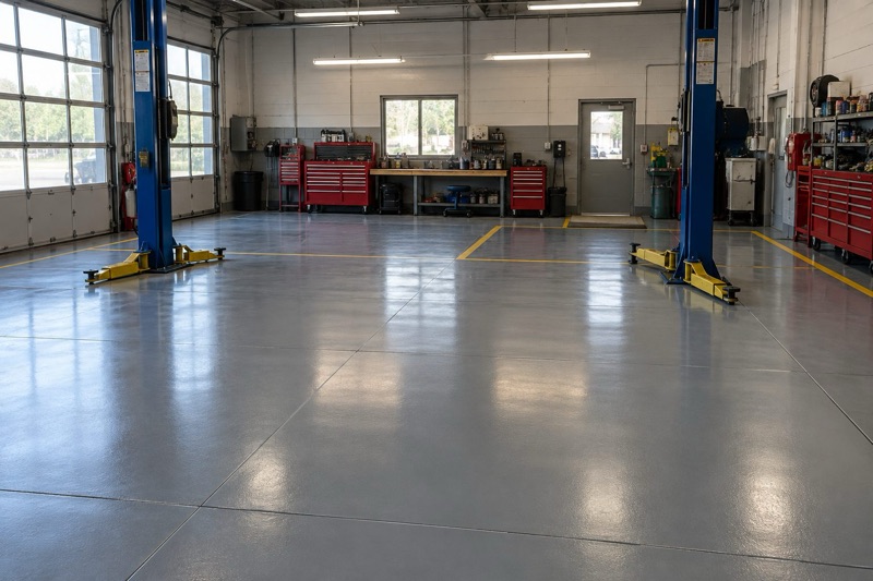 Glossy gray coated floor in an auto shop with blue vehicle lifts, yellow safety lines and red tool chests