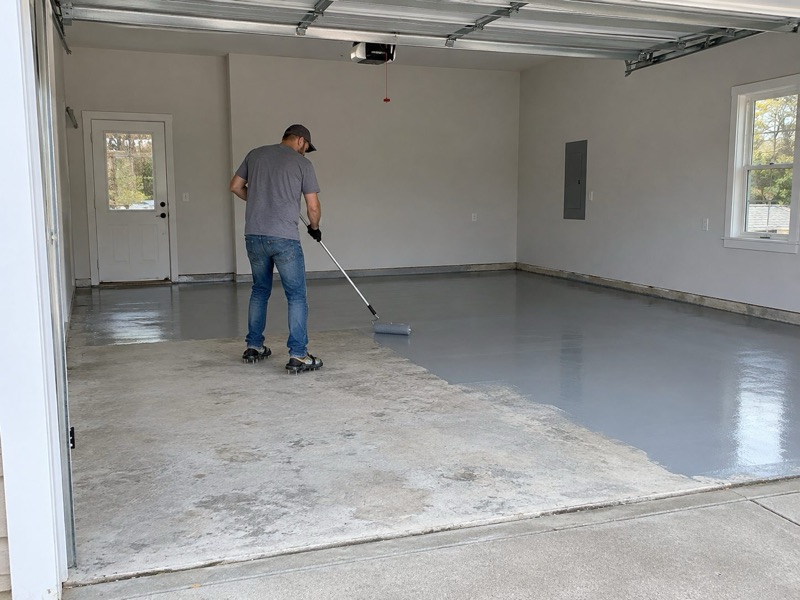 Man rolling a gray coating across half of an empty two-car garage floor
